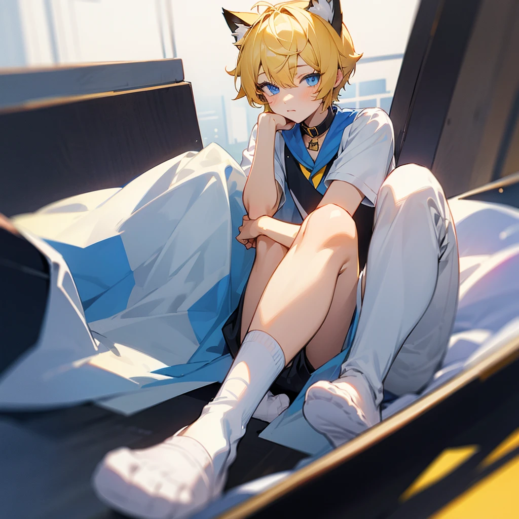 Yellow short hair blue eyes white socks 1boy, cat ears,