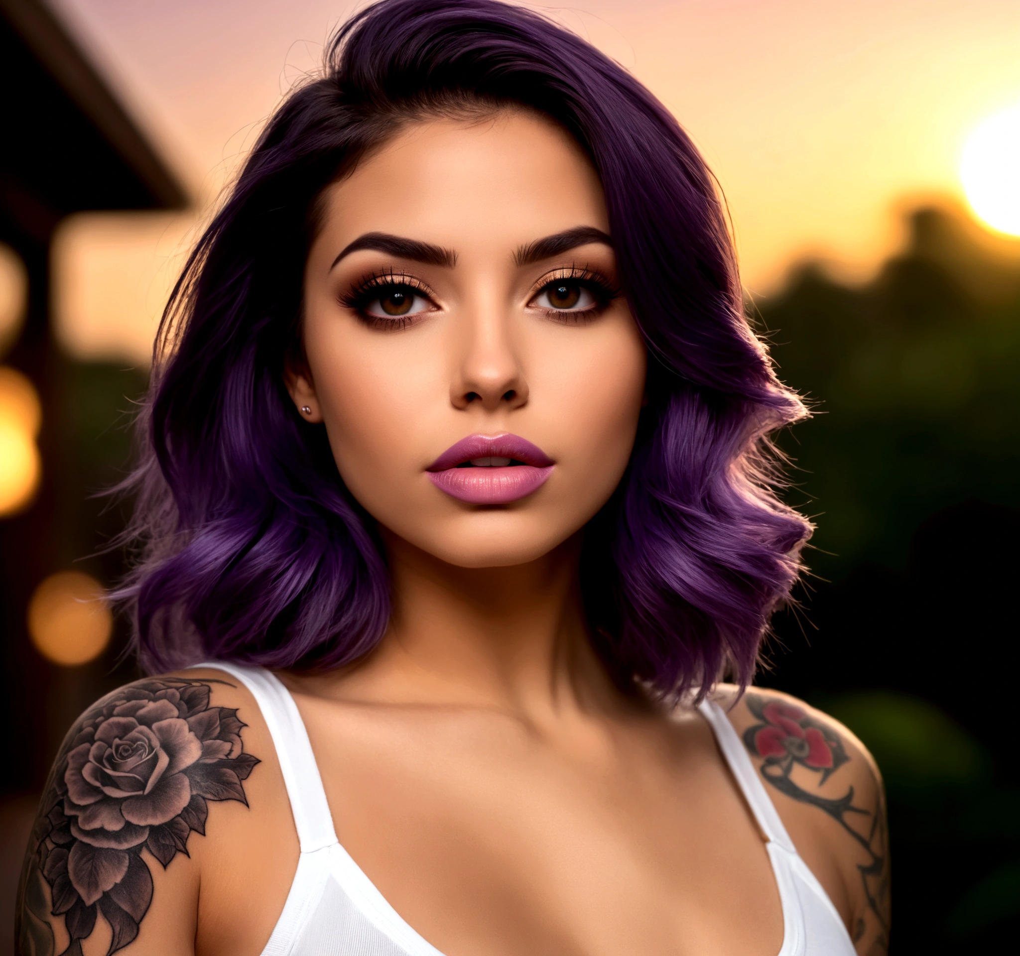  imagem:  Close da jovem postando fotos sensuais nas redes sociais. As fotos a mostram em poses provocantes, vestindo roupas de grife e com cabelo roxo estilizado. The camera focuses on details such as botox on the lips and tattoos on the body. No fundo, Notifications of likes and comments flood your smartphone screen. 8k hd, alta qualidade, volumetric light, tiro furtivo, foto, high resolution, 4K, 8K, bokeh
