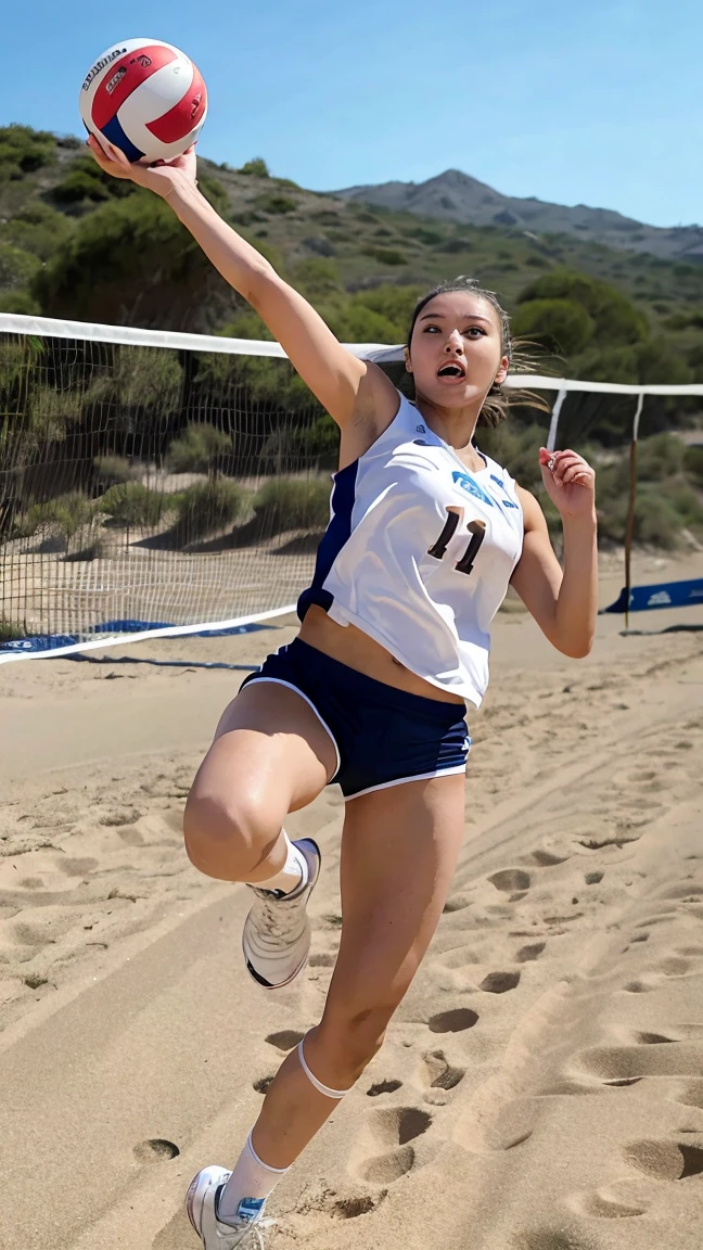 A stunning volleyball player in action, wearing a team jersey and shorts, jumping to spike the ball on a sandy beach court, with an intense expression.