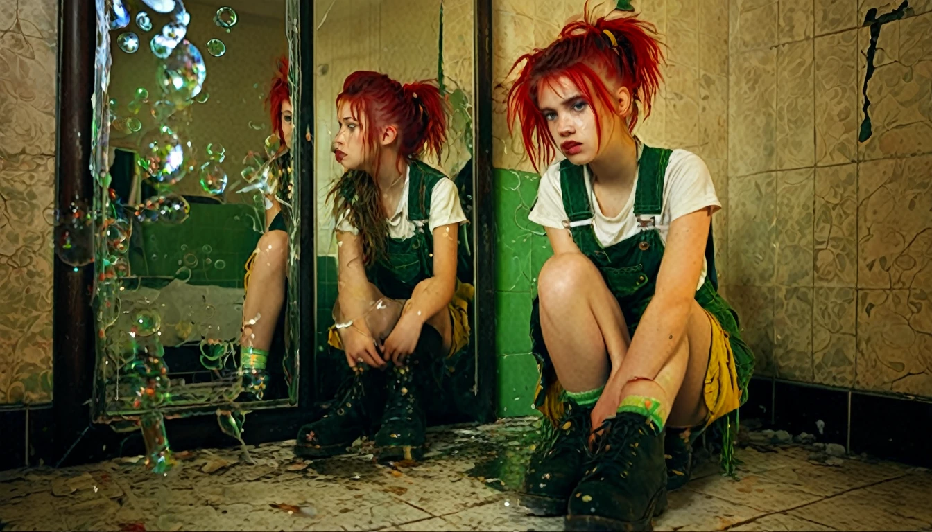 Young girl admiring her own reflection in a broken mirror. Character: young girl of twelve years old, smoker, crazy, pale. Clothing: dark boots, torn socks, old yellow overalls. Appearance: red hairstyle with green and yellow highlights, sad light eyes, flushed cheeks, , messy hair. Light: low light, dark. Details: soap bubbles, punk, suspense. Location: old bathroom. Setting: terror, suspense, horror. Full HD based on: Delirium Endless