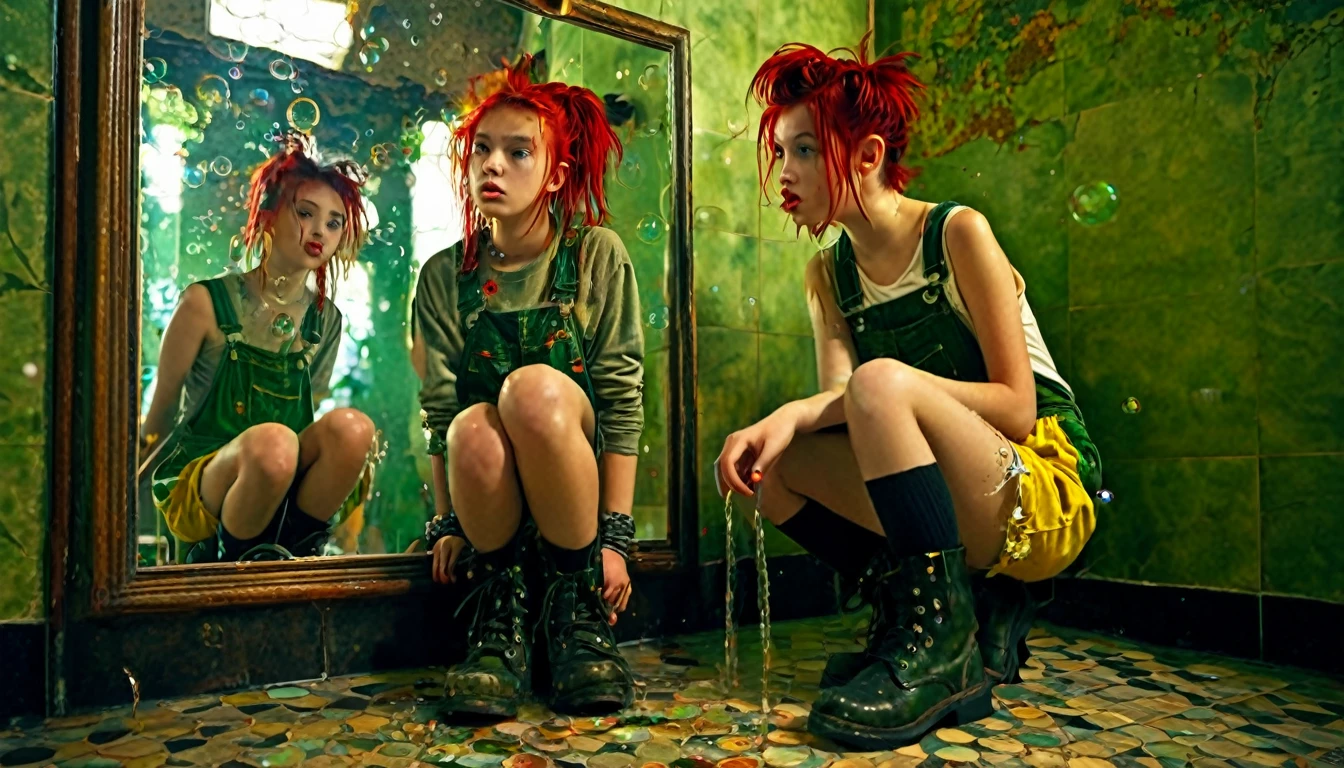 Young girl admiring her own reflection in a broken mirror. Character: young girl of twelve years old, smoker, crazy, pale. Clothing: dark boots, torn socks, old yellow overalls. Appearance: red hairstyle with green and yellow highlights, sad light eyes, flushed cheeks, , messy hair. Light: low light, dark. Details: soap bubbles, punk, suspense. Location: old bathroom. Setting: terror, suspense, horror. Full HD based on: Delirium Endless