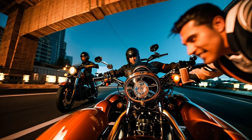 evening、Low angle view of aggressive middle-aged men riding alongside one another on a Harley Davidson。