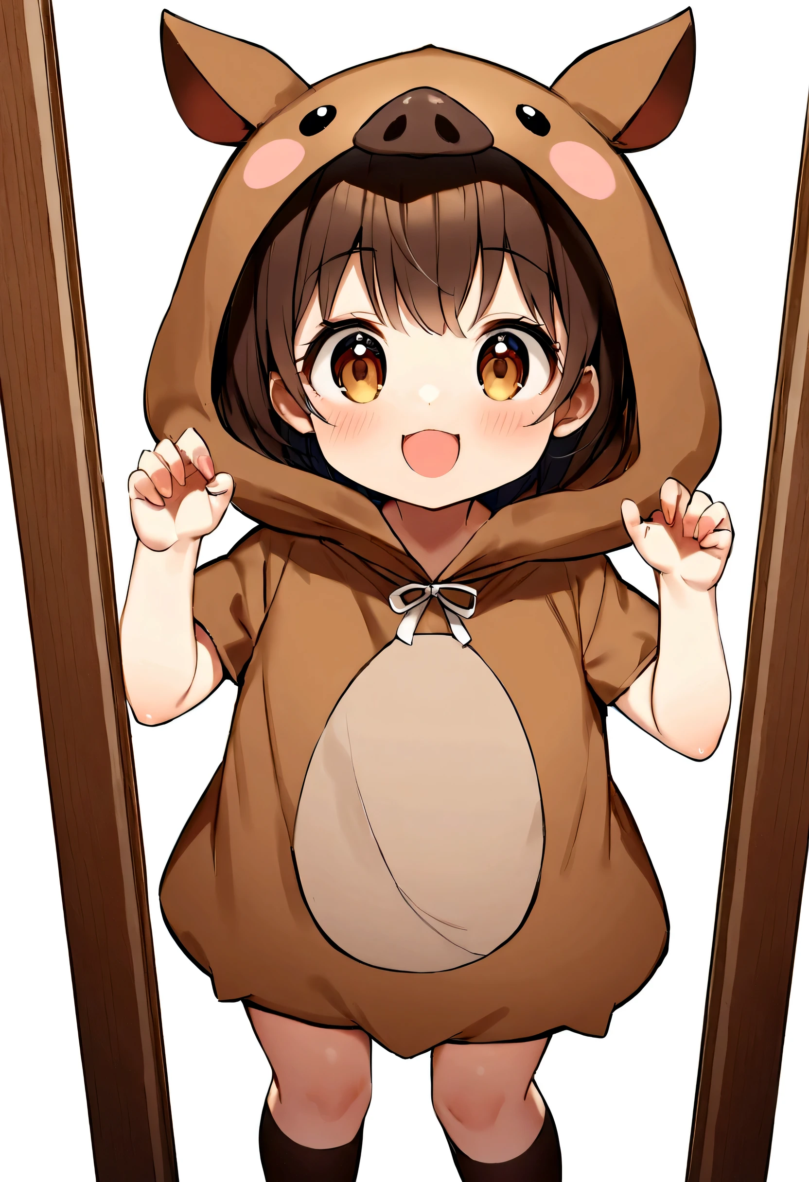 Only white background、Wearing a boar costume、smile、The cutest in the world、Brown Hair、Photograph your whole body from the front、Knee-high socks、Looking up、Standing pose、Covers from head to toe！、Baby boar、Take a full-body photo！！！The camera is in front、Carefully crafted down to the last detail、Especially the face is drawn cutely.、