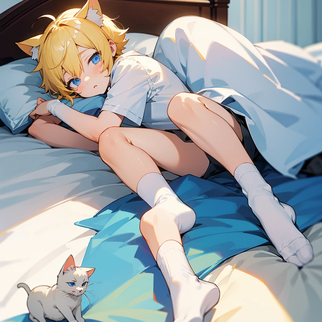 Yellow short hair blue eyes white socks 1boy, cat ears, on bed