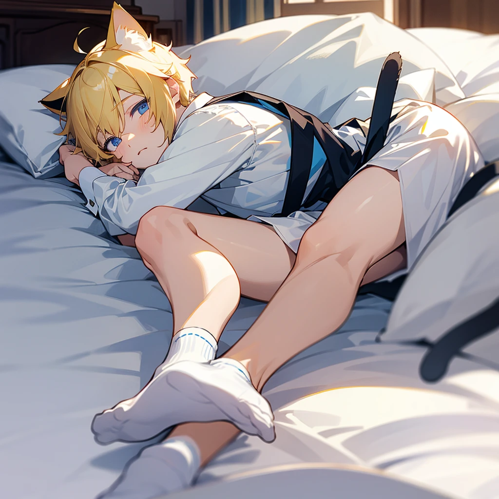 Yellow short hair blue eyes white socks 1boy, cat ears, on bed