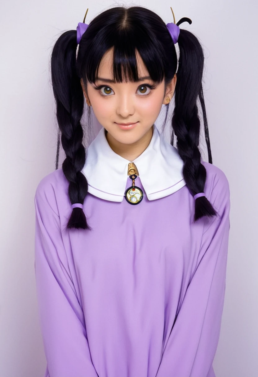 A Ghibli's studio character (2D). She have her black hair tied in a long pigtails. She wears traditional light purple clothes and many chain collar 