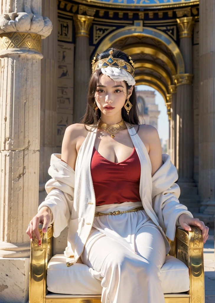(((((Take off your jacket))))),((Nipples are visible)),((Both shoulders are visible)),((small breasts with bulge)),(((8K High Resolution), (Highest quality), (RAW Image Quality),(Tabletop:1.2), (Realistic), (Realistic:1.37), ,One girl,Beautiful fine details,Highly detailed skin,(Beautiful face with double eyelids), (realism: 1.4),Female about 20 years old,(Beautiful Face 1.4),Earrings,Cleopatra,Queen,With a distinctive Greek character,Like his hairstyle and typical Greek clothing., Hall々And,Queen,Temple,Royal Outfits,Flowing white robes,crown,Gold Gemstones,Snake head ornament,
national motivation,Fascinating landscape,Sunlight shining through the pillar,Blue sky,Hieroglyphics,Femininity,beauty,Calmness,history,myth,Ancient Egypt,Sands,romantic,Lost in Thought,Arrogant,
arrogant,exotic,ナイル川のQueen,Gorgeous,wonderful,Pantheon,dark, Flowing hair,Bronze Skin,Masonry,Sculpture,SculptureされたStatue,Majestic,Statue
,Hall々And,Dominant,Pharaoh,Warrior,strong,A commanding presence,A richly decorated throne,Queenの部屋,Actual behavior,Hall々And,attractive,Legendary.