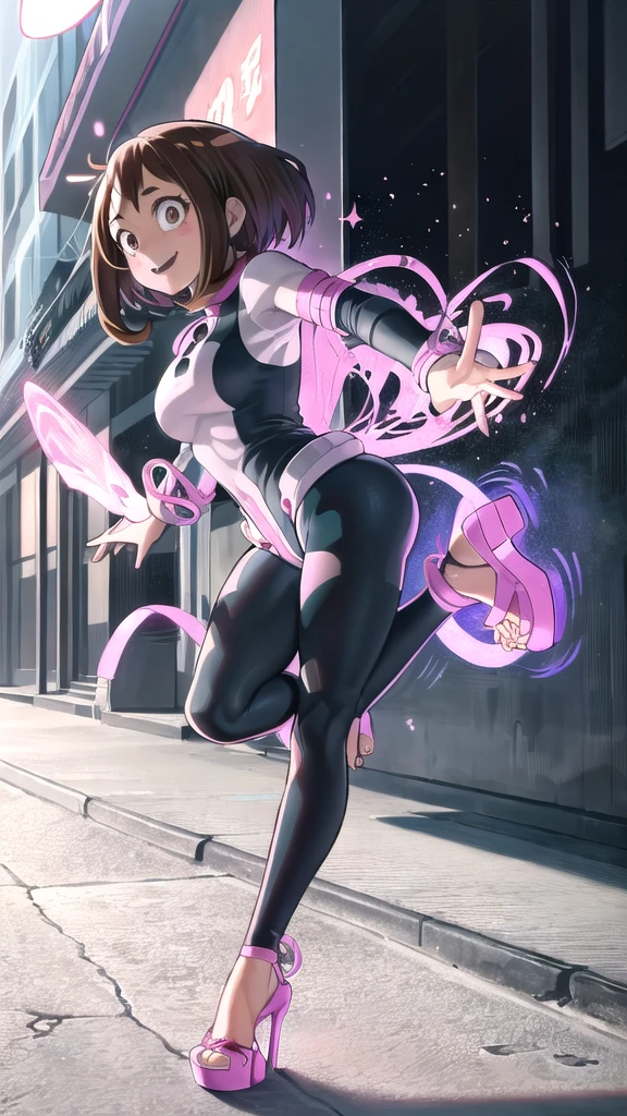 [ochako uraraka], [Boku no hero academia], ((masterpiece)), ((HD)), ((high quality)), ((solo portrait)), ((front view)), ((full body)), ((anime)), ((Kohei Horikoshi)), ((detailed shading)), ((cel shading)), ((intricate details)), ((cinematic lighting)), {ochako, (rosy cheeks), (cute round brown eyes), short brown hair, short eyelashes, large , (gorgeous hips), (beautiful legs), (excited smile), white teeth)}, {(pink blazer), (blue spandex yoga pants), (pink open-toe platform high heels), (barefoot)}, {(running down street), (looking at viewer), (side view)}, [Background; (grass), (blue sky), (sun rays)]