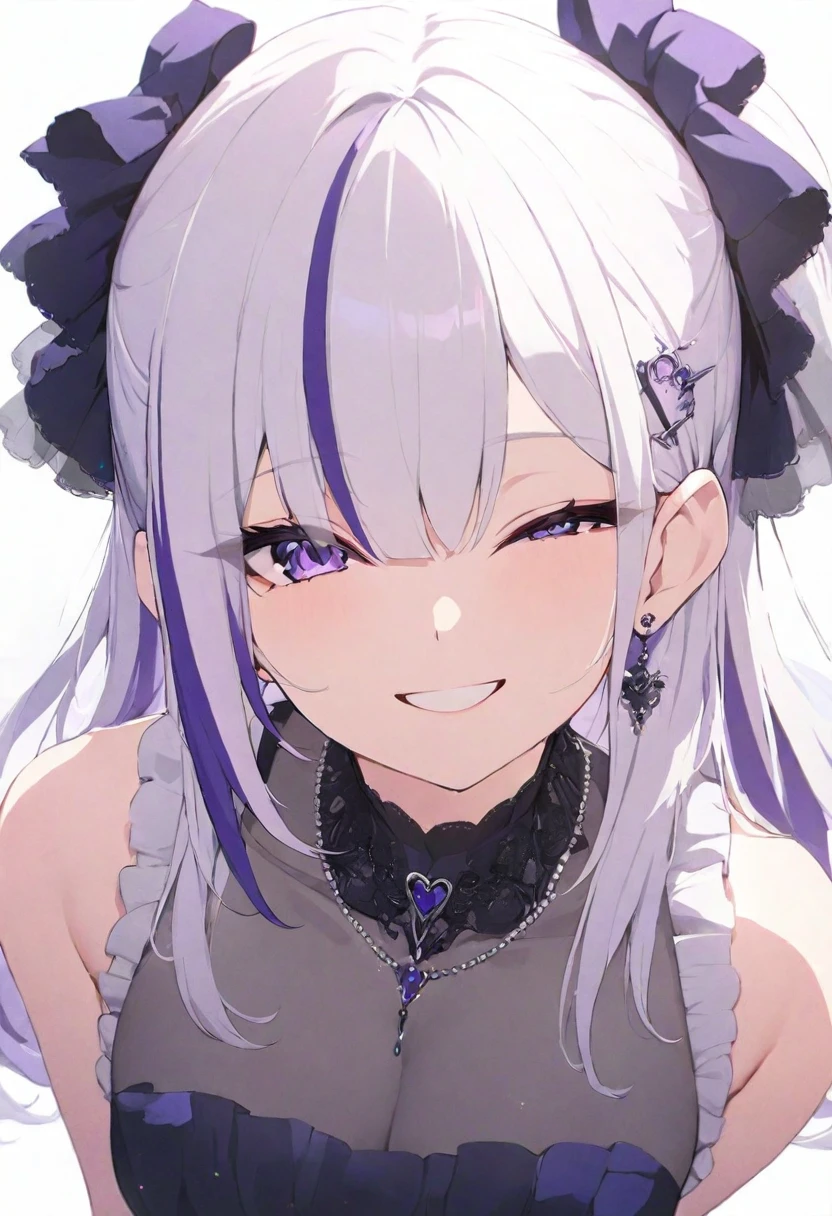 (masterpiece), (best quality), perfect face, beautiful girl, white background background, delicate and beautiful face and eyes, dark intense shadow, 
1 girl, vtuber style, cool girl, hololive, AZKi, streaked hair, Gorgeous evening dress Ruffles dress, lace, necklace, big chest, cropped shoulders, clavicle, winking, smile, body visible through clothes, chest visible through clothes, ass visible through thighs, High heel, (full body), looking at viewer, standing, 