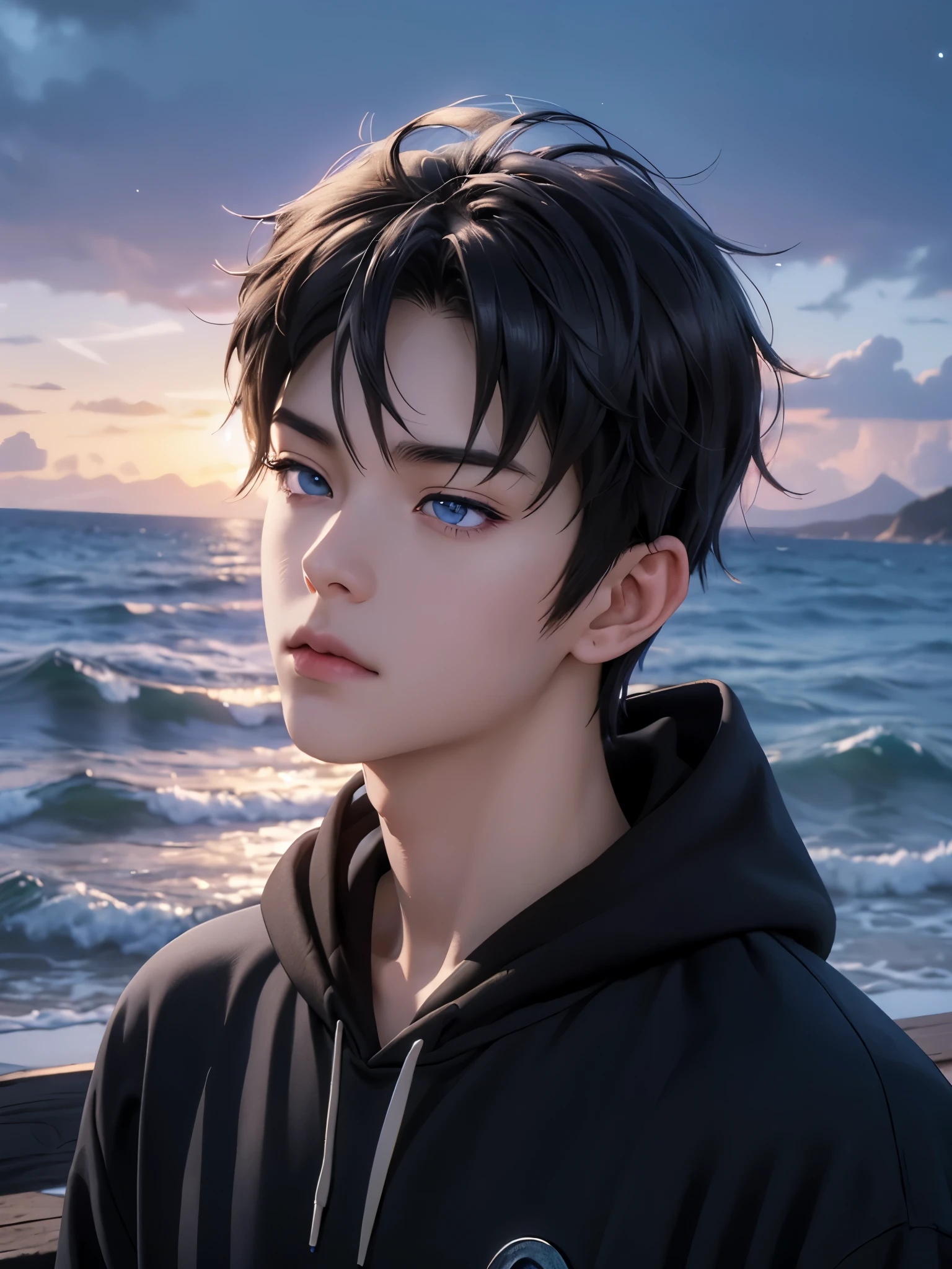 photorealistic, masterpiece, 8K, HD, portrait, closing up on face, intricate details, soft lighting, absurdres, realistic anime style, yuzuru hanyu, a handsome japanese boy, student, , cute, gentle, wistful gaze, melancholic, timid, detailed face, ocean blue eyes, dark eyes, balanced eyes, detailed eyes, looking at the sky, looking up, wearing hoodie and shirt, casual wear, fair skin, pale skin, slim, black hair, smooth hair, wavy hair, outdoors, dock, sea, waves, rocks, dawn, stars, constellation, cosmical, dreamy world, surrealism, ethereal