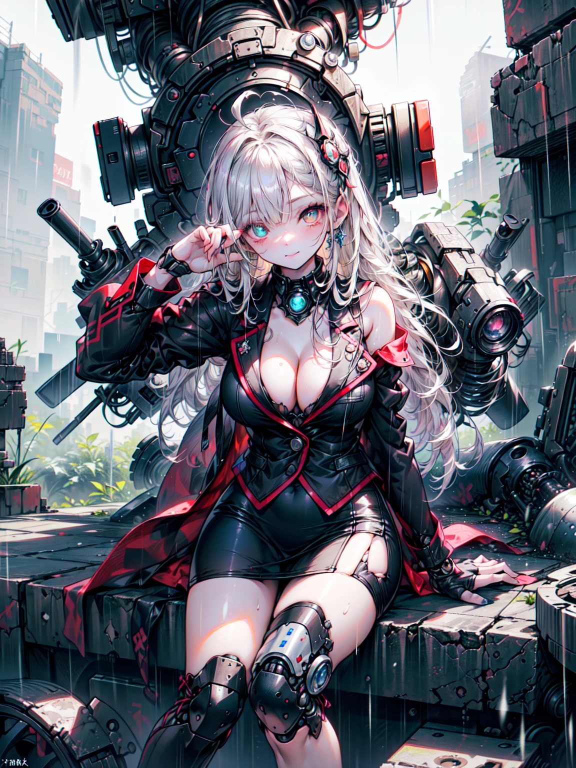 super high quality、8K quality、High resolution、Image quality captured with a single-lens reflex camera、(SFW)、Perfect Anatomy、(黒のオフィスsuitテーマ）Beautiful Mecha Girl、Beautiful blonde 20 year old girl.Orange eyes、(Blank look、Loss of eye color:1.3)(Good shape、Normal chest、Cleavage)、3D, Realistic black machine parts、Cowboy Shot、（Shoulders and legs are exposed:1.2）(Real Mechanical Unit)、break(office lady, suit, Pencil Skirt, Wear a miniskirt:1.4)(Praying to God pose:1.4)(Mechanical parts below the elbows and knees:1.2)(Damaged、、Damaged mechanical leg、missing feet、 Destroyed mechanical leg、spark:1.5)(Soaking wet、Rain-soaked body:1.2)break、（natural disaster:1.5）（Perfect Anatomy:1.4）Blake、(Sitting:1.2)(Movie angle:1.3)Collapsed building、rooftop(Storm and heavy rain:1.6)、break、非常にdetailed (Dark Elf), (1 Girl), alone, Perfect Face, detailed, Ahoge, ((Long Hair:1.2)), (Hair above one eye:1.3), [[Messy Hair]], Shiny blonde white hair, Purple eyes, Variegated eyes, Colorful Hair, Shining Eyes, Bright Eyes, Face imprint, (eyelash, eye shadow, pink eye shadow), smile, Design Art：Haruhiko Mikimoto, by Kawashi, by Yoshitaka Amano,break、 ((Perfect Anatomy)), Nice body, Big Breasts、(非常にdetailed指), Best Hand, Perfect Face,(Perfect Fingers), Correct Anatomy,