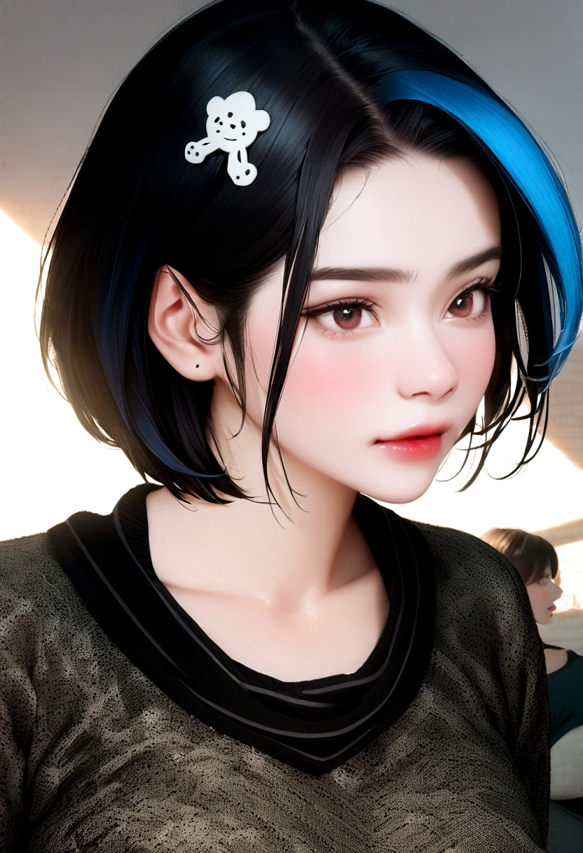 (1girl:1.2) , busto pra cima, lipstick, sobrancelha comprida, rosto lindo, short hair, half blue half black hair, pale skin, fotografia, 8k, (realistas