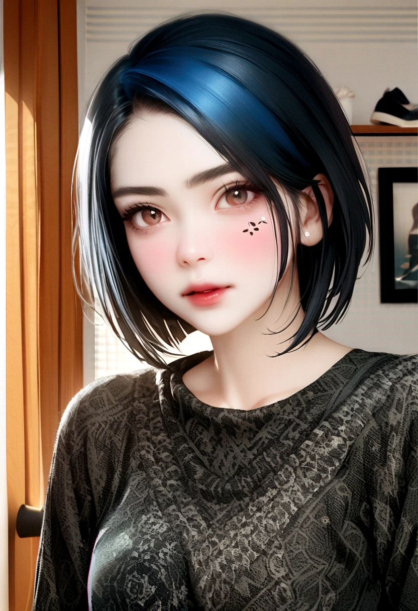 (1girl:1.2) , busto pra cima, lipstick, sobrancelha comprida, rosto lindo, short hair, half blue half black hair, pale skin, fotografia, 8k, (realistas 