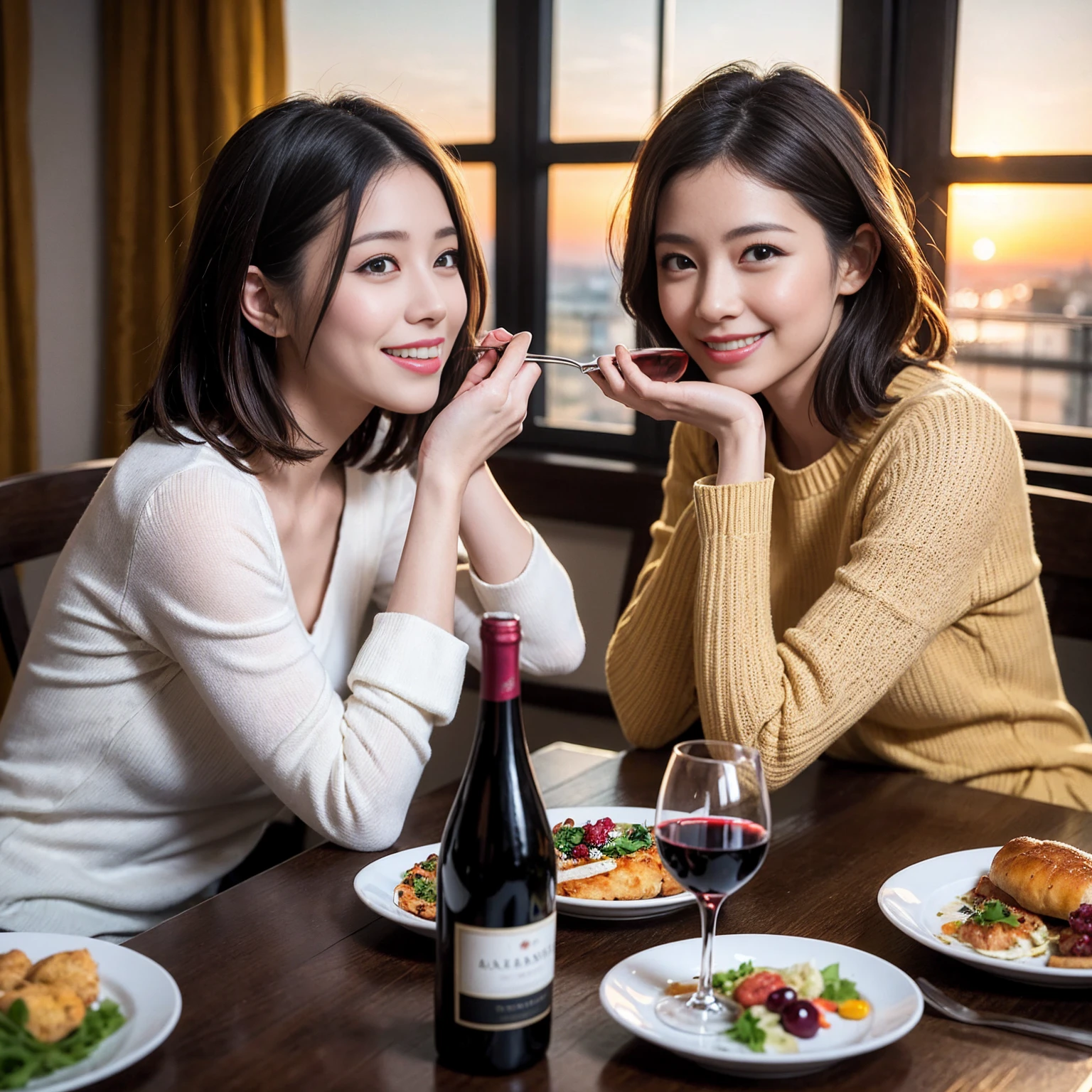 ((Highest quality、8k、masterpiece:1.3))、 (Genuineistic, Genuine、Bright image、Intricate details:1.2), 最高のsmile、1 male, 1 female、Beautiful couple、Satomi Ishihara-like lover、Good friends、actress couple、smile、Full-course dinner at a packed table、 (Slim face), (the body is slim), (Brown Hair), (short hair), テーブルのwine glass、Please shine a light on my face、 Amazing view of the sunset sky and clouds、 (36 years old)38 years old, red wine 、Appetizers、Wine bottle、sparkling wine、Long sleeve shirt、dress、White wine, red wine, wine glass,