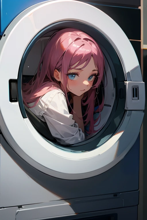 Woman with her head stuck in a washing machine