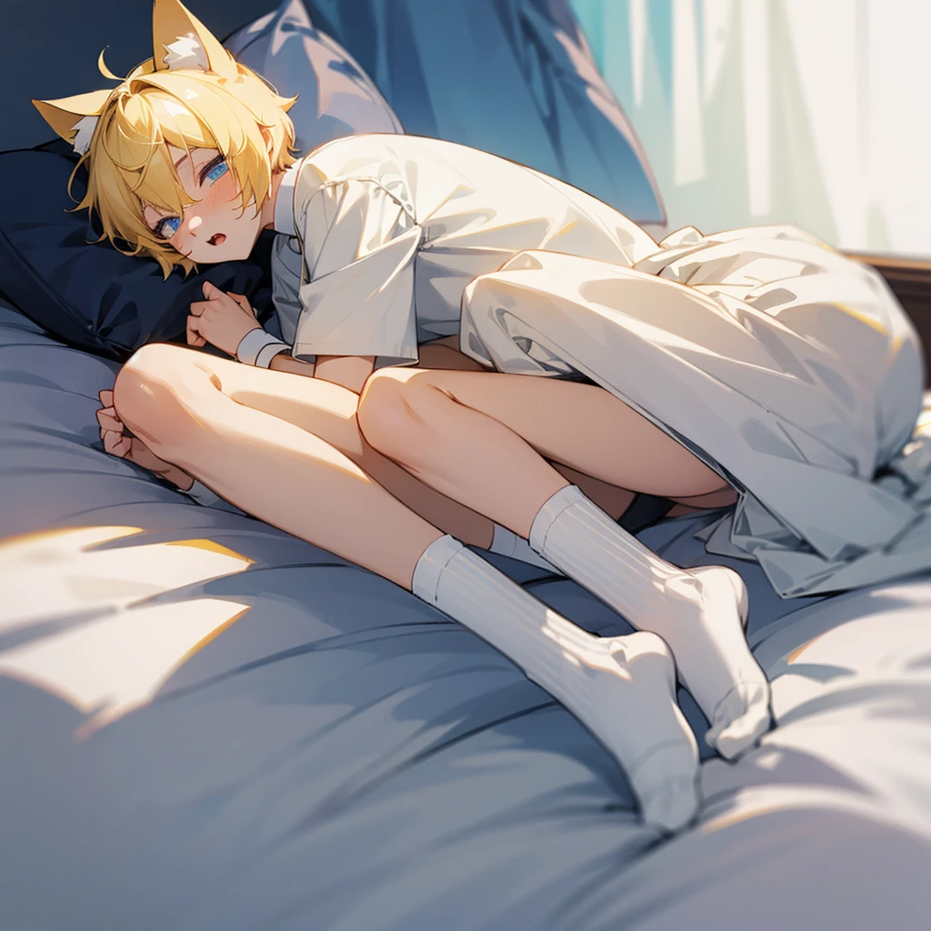 Yellow short hair blue eyes white socks 1boy, cat ears,  on bed , ahegao