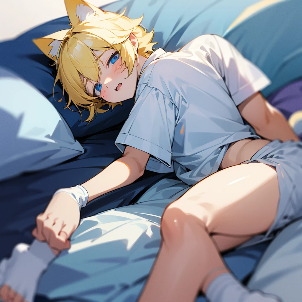 Yellow short hair blue eyes white socks 1boy, cat ears, on bed , ahegao