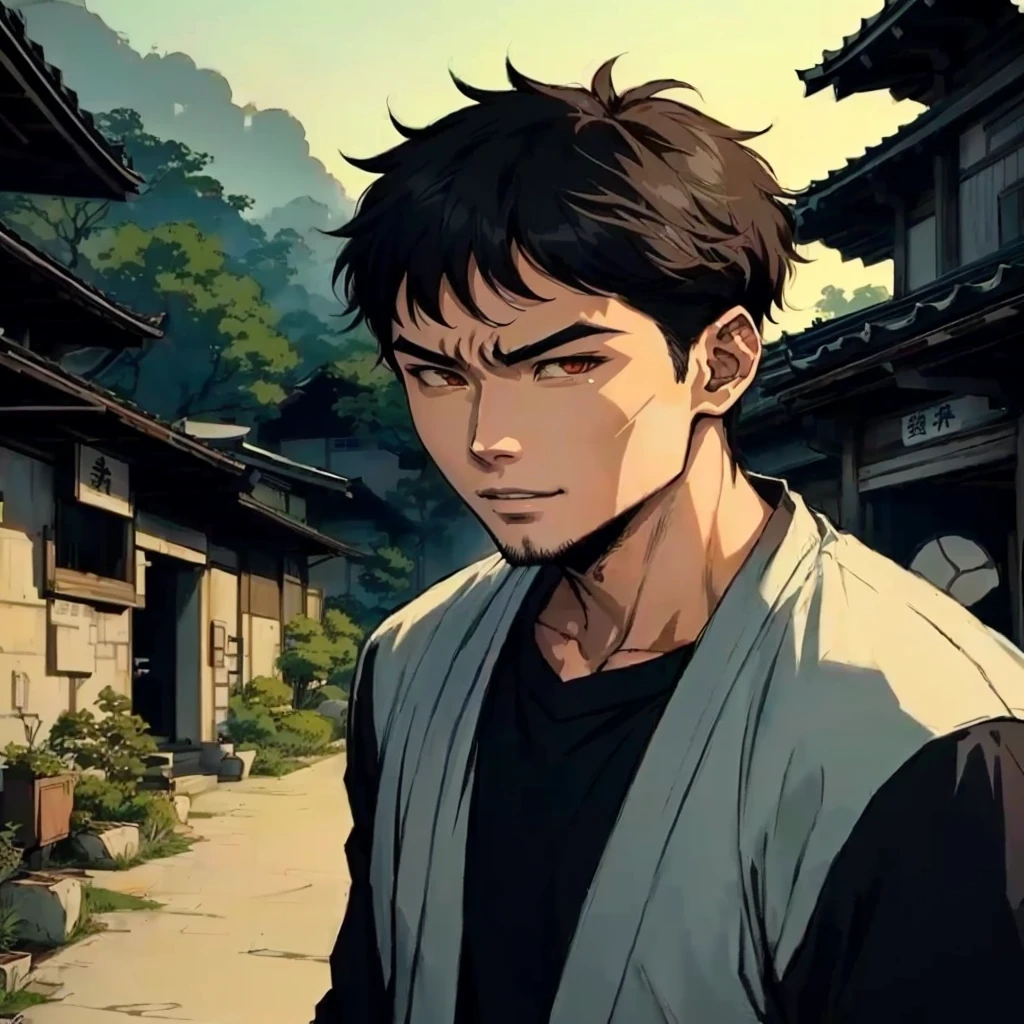 A person standing in front of a building, The handsome guy in Demon Slayer, Anime handsome man, Handsome Japanese demon boy, 三浦健太郎comics艺术风格, Inspired by Ito Ogura Yonesuke, Anime portrait of a handsome man, anime style character, male anime character, Male anime style, comics，Full body image
