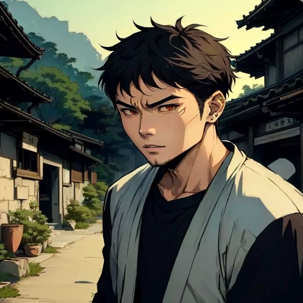 A person standing in front of a building, The handsome guy in Demon Slayer, Anime handsome man, Handsome Japanese demon boy, 三浦健太郎comics艺术风格, Inspired by Ito Ogura Yonesuke, Anime portrait of a handsome man, anime style character, male anime character, Male anime style, comics，Full body image