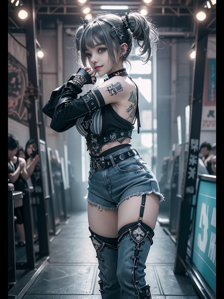 (Three Girls, 3 girls:1.5)、(Full body image:1.2)、(Side view:1.1)、(Smiling with teeth showing:1.3),(Shibuya Gal:1.5)、(Race Queen Costumes:1.4)、(Neo-Goth Fashion:1.4)、(Punk rock visual kei:1.4)、(Modern khaki short jacket, Turquoise and Charcoal:1.5)、(Tattered brown, Charcoal and navy denim bodysuit:1.5)、(Mustard yellow headband:1.3)、(Charcoal and khaki striped knee socks:1.4)、collar、White Long Boots、(We sell patterned underwear with logos.:1.4)、20-year-old、Browsing Caution,((Highest quality、In 8K、masterpiece:1.3))、Sharp focus:1.2、(Layered Cut、Huge boobs:1.1),Beautiful woman with perfect figure:1.4、(Doing an aerobics pose:1.3)、(Leg spread:1.3)、(Raise your arms:1.2)、(Open your legs:1.3)、Slim Abs:1.2、Butt、Highly detailed face and skin texture、Detailed eyes、double eyelid,(Twin tails:1.3)、(Brown-golden hair:1.3)、Dynamic pose、Obscene pose、Humiliating pose、Idol Sculpture、(The three of them are posing together in a cute way.:1.3)、(A gorgeous and sunny fashion show stage:1.3)、(Slimming your legs:1.4)、(The body is slim:1.3)、(clavicle:1.1)