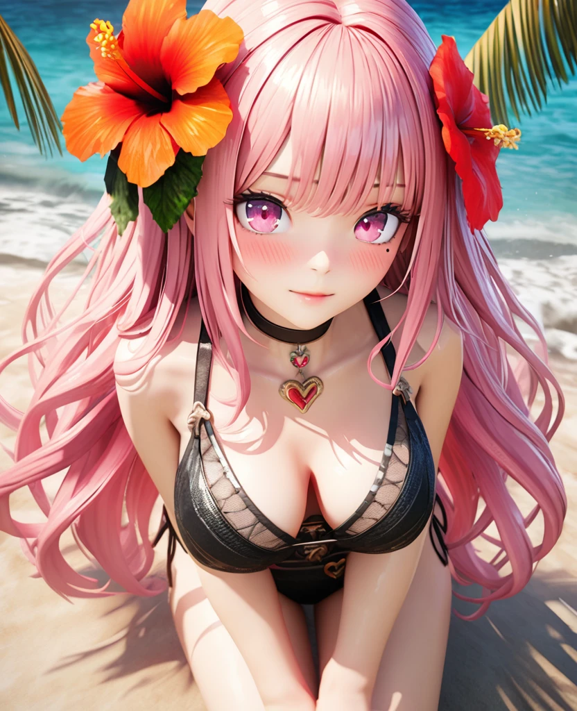 masterpiece,highest quality, Very detailed, High resolution, expensive resolution, High resolution, 4K, 8k, unity 8k wallpaper, Very detailed CG, masterpiece, 2D, 3D, Beautiful details, depth, Fine texture , highest quality: 1.3, Fully focused, Crispy.skin, .he,
Very cute anime girl 、bikini、Large Breasts、Pink medium-long hair wearing expensive , One Girl、Palm tree、Seaside, Mole under the eye, looking at the viewer , expensive , blush, Mole, Lips parted, Hibiscus Hair Accessories, heart, Pink Eyes, choker