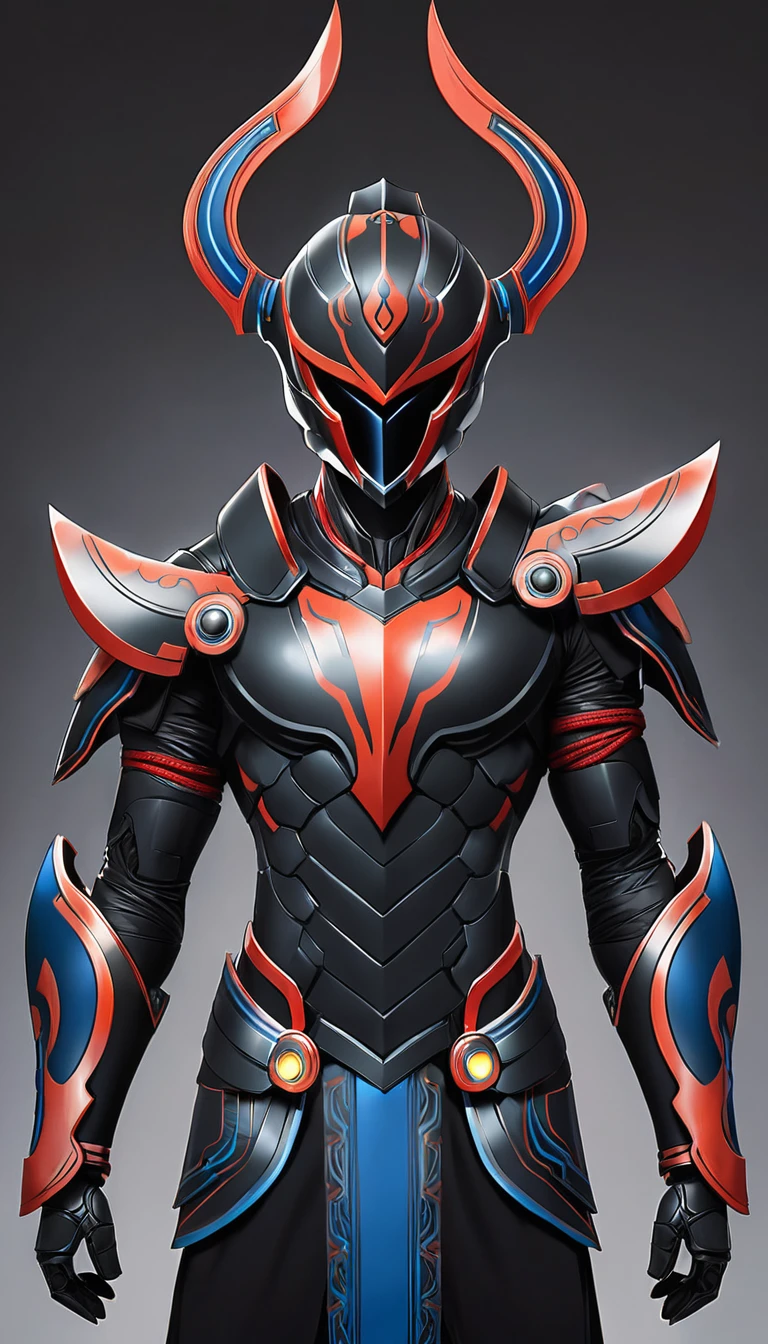 A futuristic Greek god of war in sleek black spandex armor, intricate symmetrical ancient-inspired design, inspired by the Mars armor from God of War, minimalist and simple, helmetless show a man face, Kamen rider style armour, anime style, final fantasy style.