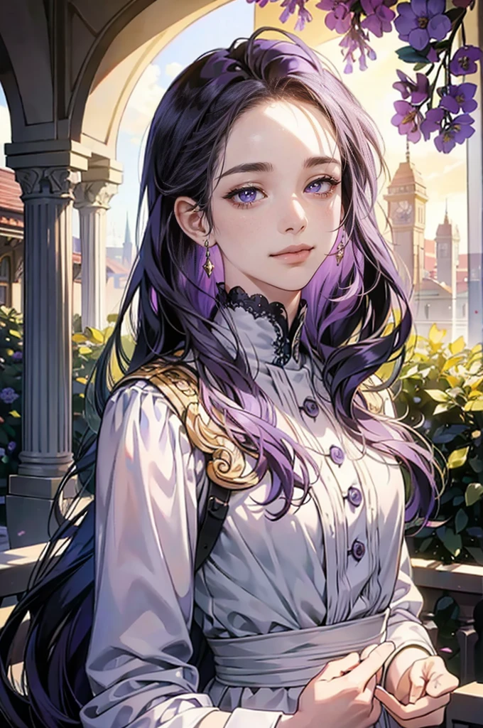 (masterpiece, high resolution, Ultra-detailed:1.0), (1st son, adult male), eyes look at the camera, (nobility:1.3), delicate eyes and delicate face, very detailed CG, unity 8k wallpaper, intricate details, Solo person, detailed face, (nobility 로브, purple long hair, purple eyes, smiley face), outdoor, Sonoko, Flowers and trees, marble column, color difference, depth of field, dramatic shadows, ray tracing, best quality, portrait