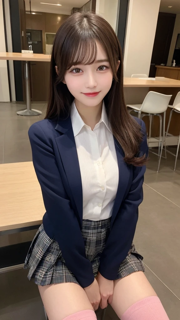 (Navy jacket:1.2)、In detail, High resolution, high quality、Beautiful fine details, long hair, Natural color lip、1 person、Clear Skin、Shiny Hair、Tabletop, 最high quality,  Super detailed, In detail, High resolution, 8k、Beautiful feet,Perfect beautiful face,KPOP idol faces,Ecstatic face、Cute face、smile、collared white shirt,knee length pleated skirt,tartan check skirt、Spread your legs、Lift-up skirt、pink panties、Knee-high socks