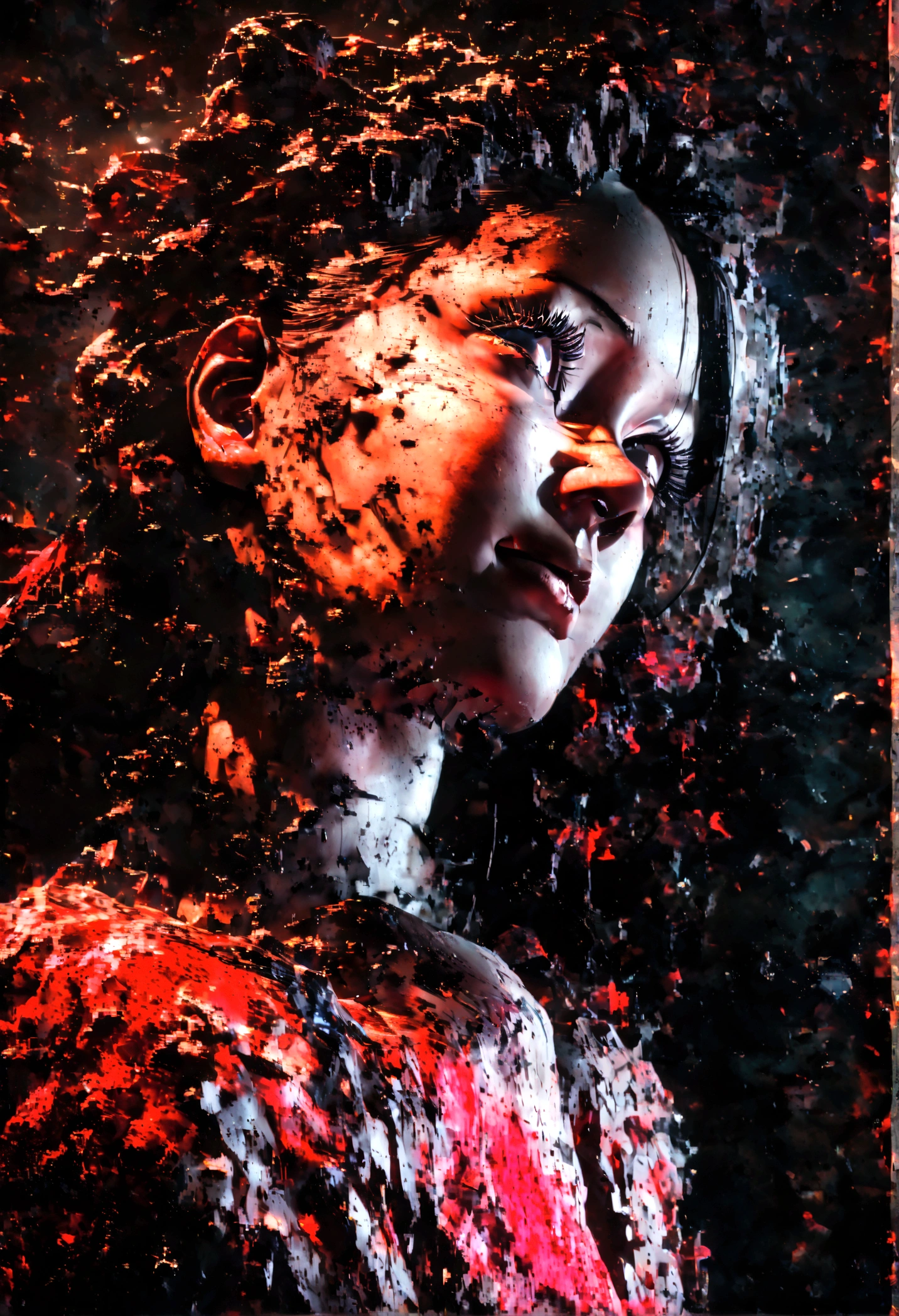 a portrait of a monster girl with a wide, sly smile with all of her pitch-black eyes facing upwards, scary , ultra wide-angle, Grainy , mysterious color , infrared lighting . Super detailed, photorealistic, splattered, spattered , cinematic light , black background , Cycles render, intricate artwork masterpiece , dreamy, glowing, backlit, glamour, vibrant, ultra high quality model, 4K