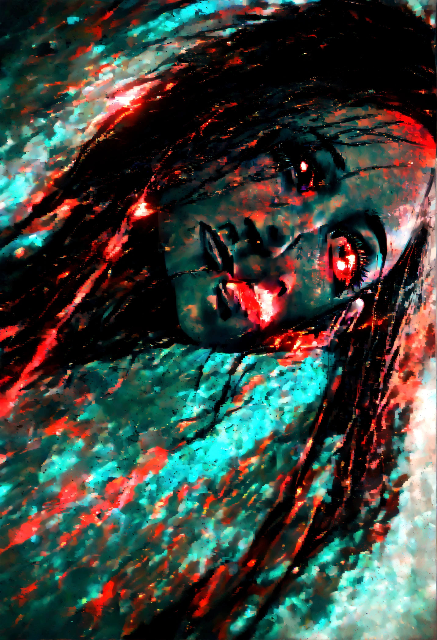 slime girl, Black, Red Eyes Everywhere, long tentacles, Lovecraft aesthetics