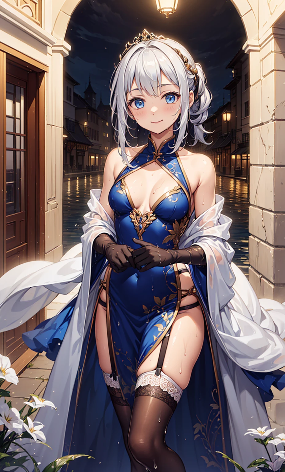 Top quality，Optimal resolution，(Wet princess dress），Very detailed, She has a pair of white ponytails，Young women，charm，Design intricate clothes，blue eyes，Illusion Cloud Light Heaven，Elegant and charming，((Wet people，Foggy，water))，Leg ring，Anklet，night，Small lighting，charm的姿势，Well-designed clothing，Beautifully decorated，出water芙蓉，Garter stockings