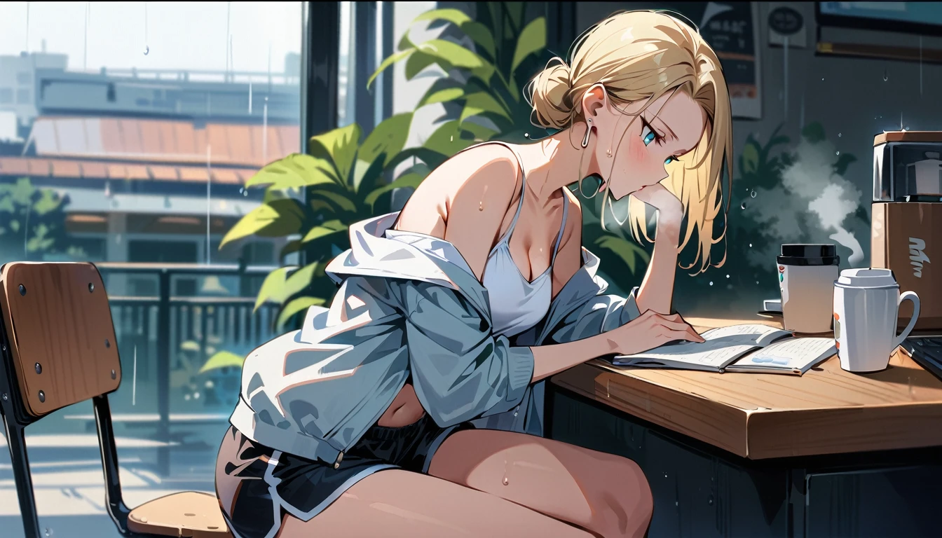 (masterpiece, best quality:1.2), solo, Android 18 from Dragon Ball, ((white slip-on crop top)), ((black dolphin shorts)), (light gray hooded crop jacket), thighs, midriff, small breasts, sweat, blonde hair, (single hair bun), ((blue eyes)), earrings on earlobes, slender feminine figure, narrow waistline, skinny body, long legs, studying, rain, sweating, cleavage, off shoulder, magnificent view, blur background, 4K, light blush, breath, gray new balance sneakers, indoors, chill, cafe, desk, hot coffee,