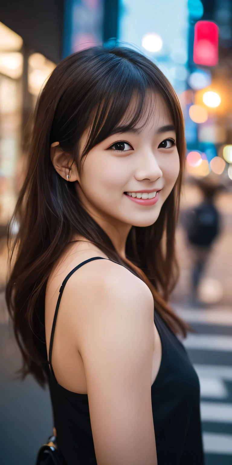 1 Girl, Shibuya, Streetscape,City lights,Upper Body,close,Natural smile,, (8k, RAW Photos, Highest quality, masterpiece:1.2),(Realistic, photo-Realistic:1.37),Front view up