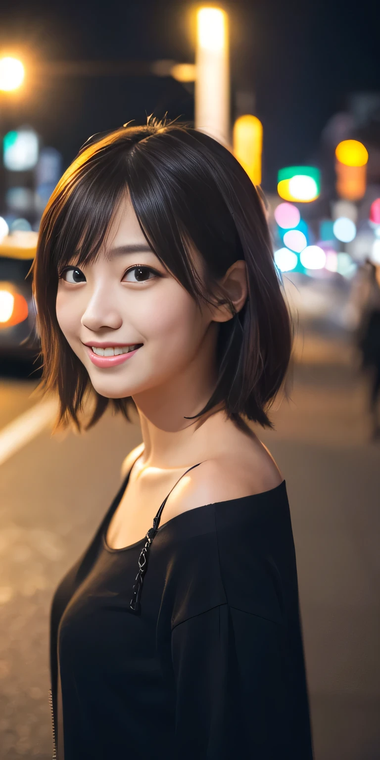 1 Girl, Shibuya, Streetscape,City lights,Upper Body,close,Natural smile,, (8k, RAW Photos, Highest quality, masterpiece:1.2),(Realistic, photo-Realistic:1.37),Front view up
