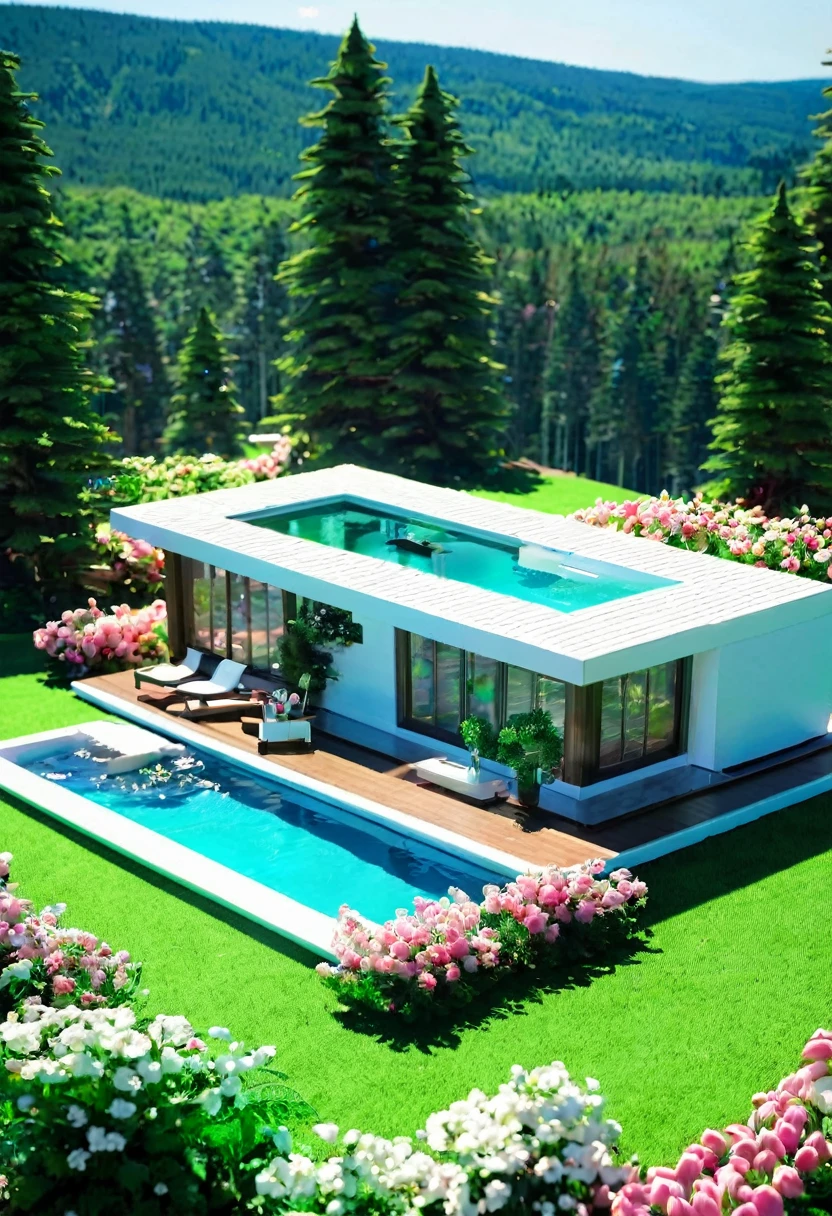 Electronic model, house, forest, flowers, pool