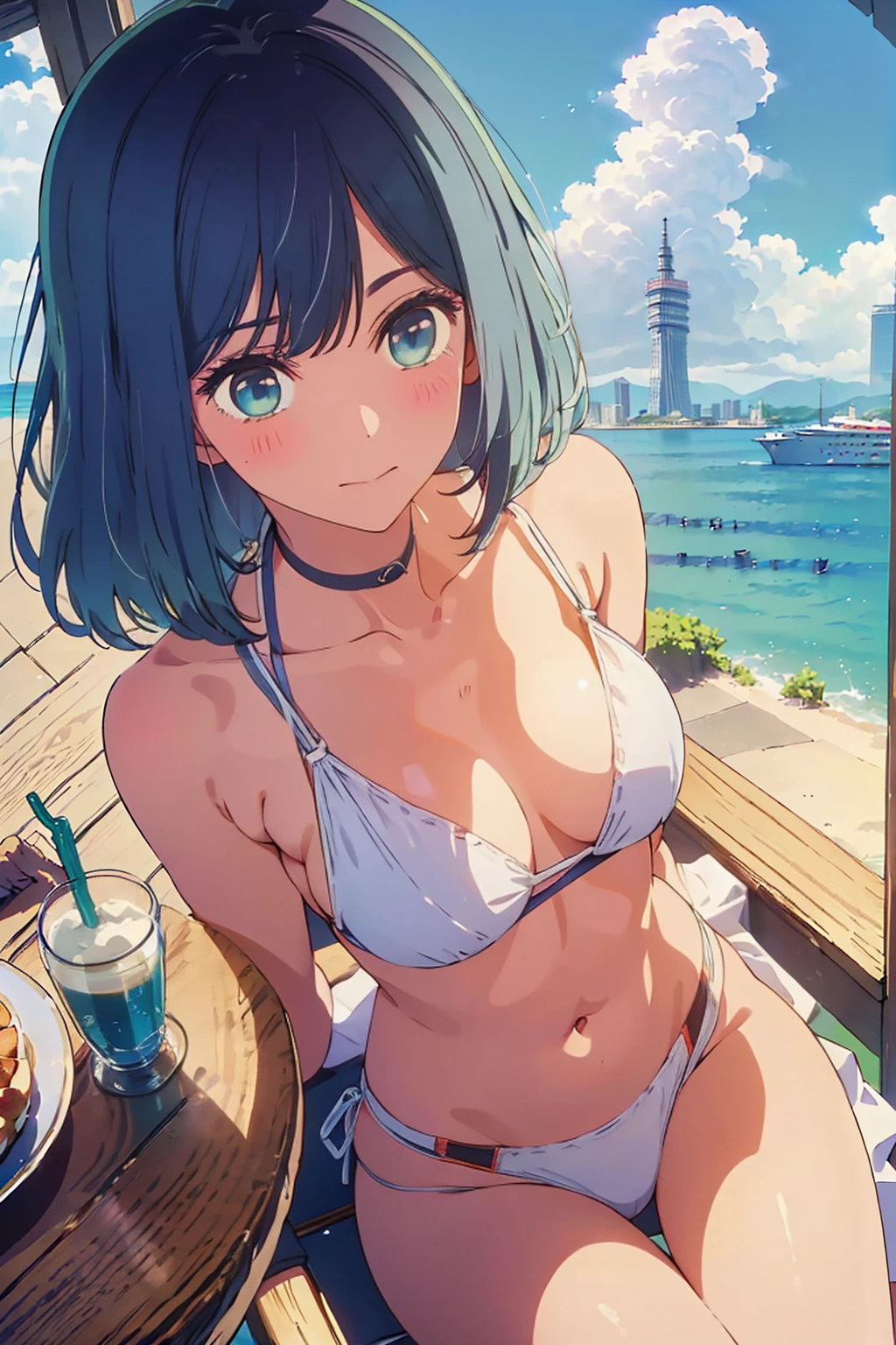 Highest quality,8k,detailed,F cup bust、Big Breasts、Slim and beautiful arms、Slim body、Very white beautiful skin、((((1 person、smile、She is wearing a white side-string high-leg bikini、smile、Sit on a chair、In the background are the urban buildings of Tokyo、Outdoor café terrace、juice、coastal、table、looking at the camera、Very cute face、Best Beautiful Legs、Looking up、Navy hair color、Get up close and take a photo))))、Sexy pose、Very blue sky、A completely cloudless sky、She tilted her head slightly、The atmosphere is bright and lively、The woman is at the center of the image。