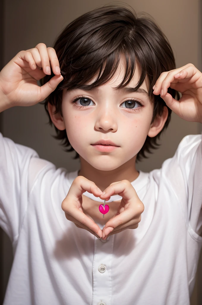 A boy making a heart with his hands in front of his eyes with a "V" no olho