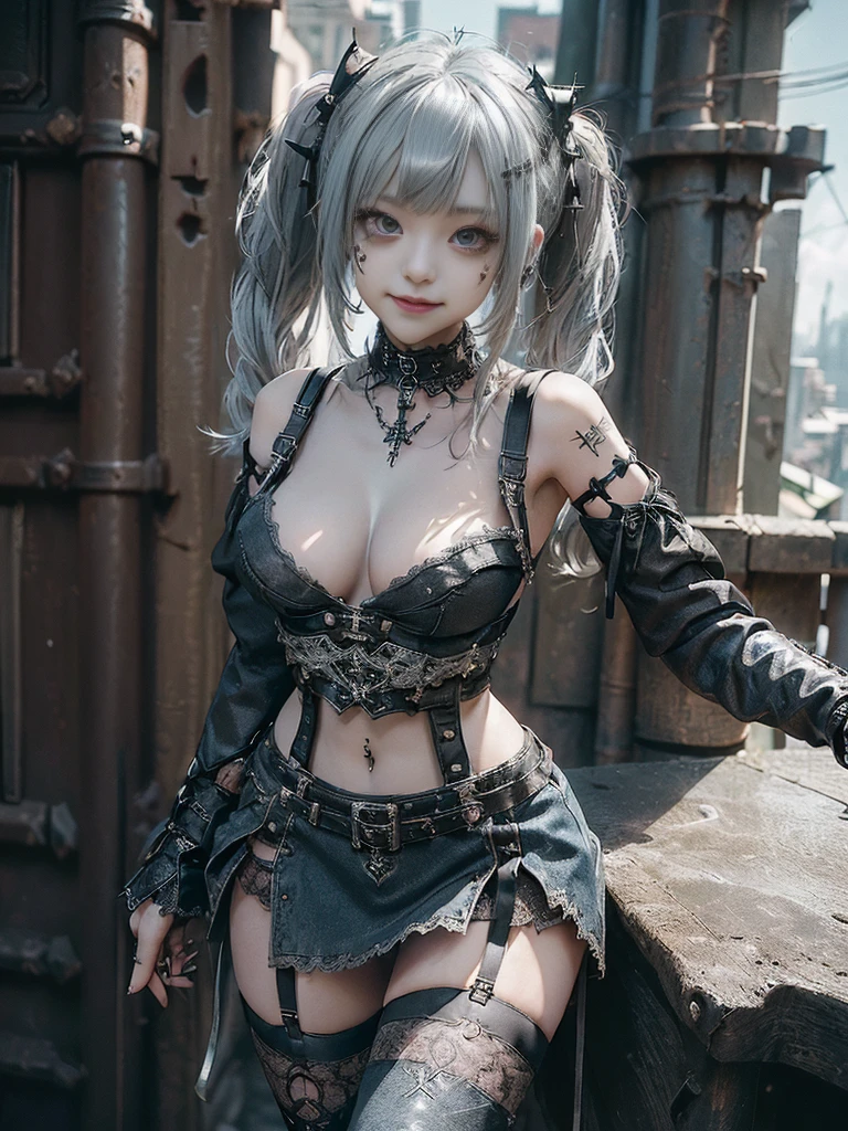 (Smiling with teeth showing:1.3),(Shibuya Gal:1.5)、(Gothic ta style fashion:1.5)、(Punk RockVisual Kei:1.4)、(Brown color denim and black medieval royal mini skirt dress:1.5)、(Brown denim and black medieval arm covers and bustier:1.5)、(Brown high heels:1.3)、(Wearing silver accessories:1.5)、(Brown lace collar:1.4)、(Black Leather Garter Belt:1.4)、(Brown Skin Belt:1.3)、(Black lace underwear:1.5)、20-year-old、NSFW、((Highest quality、In 8K、masterpiece:1.3))、Sharp focus:1.2、(Layered Cut、Huge boobs:1.1),Beautiful woman with perfect figure:1.4、(Dancing vigorously:1.3)、Slender Abs:1.2、Highly detailed face and skin texture、Detailed eyes、double eyelid,(Twin tails:1.3)、(Light silver colored hair:1.3)、Gravure idol、(The Caribbean cityscape in the background:1.3)、(Slim body:1.2),(Make your legs thinner:1.4),（clavicle:1.1）