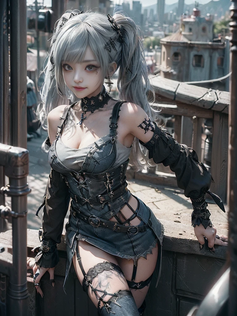 (Smiling with teeth showing:1.3),(Shibuya Gal:1.5)、(Gothic ta style fashion:1.5)、(Punk RockVisual Kei:1.4)、(Brown color denim and black medieval royal mini skirt dress:1.5)、(Brown denim and black medieval arm covers and bustier:1.5)、(Brown high heels:1.3)、(Wearing silver accessories:1.5)、(Brown lace collar:1.4)、(Black Leather Garter Belt:1.4)、(Brown Skin Belt:1.3)、(Black lace underwear:1.5)、20-year-old、NSFW、((Highest quality、In 8K、masterpiece:1.3))、Sharp focus:1.2、(Layered Cut、Huge boobs:1.1),Beautiful woman with perfect figure:1.4、(Dancing vigorously:1.3)、Slender Abs:1.2、Highly detailed face and skin texture、Detailed eyes、double eyelid,(Twin tails:1.3)、(Light silver colored hair:1.3)、Gravure idol、(The Caribbean cityscape in the background:1.3)、(Slim body:1.2),(Make your legs thinner:1.4),（clavicle:1.1）