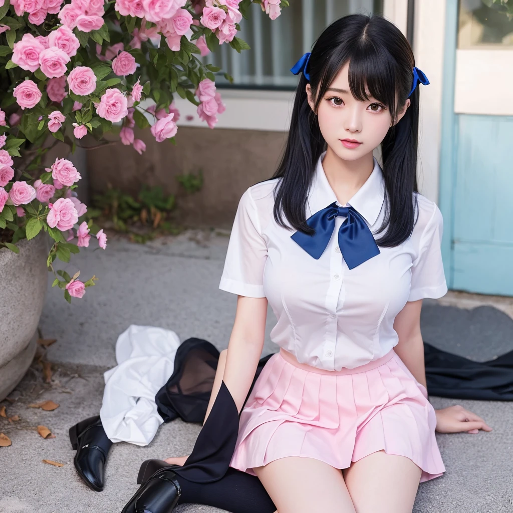 excellent work、HD analysis、Highest level of image quality、16K、reality、1 girl、student、18 years old、Energetic、student、Japanese school uniform、JK uniform、White shirt、Pink skirt、(Soft saturation:1.3)、(Light blue:1.2)、Full body facing the camera、F/8.0 aperture、Character Close-up、Black hair、Double ponytail hairstyle、Silky hair、Blue hair ribbon、(extremely huge breasts:2.0)、Showing cleavage、Full breasts、Filled with clothes、Show your legs、Smooth legs、show white lace underpanties、black stockings、whole legs、Black leather shoes