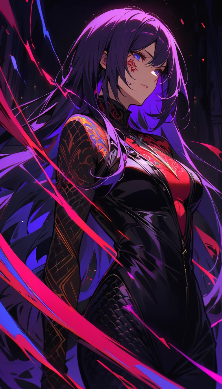 Detailed portrait of a female assassin in a dark fantasy background, With long flowing black and purple hair, Tattoo on face, Dazzling blue eyes that emanate a sense of danger [delicate eyes, Dazzling blue:1.1], wearing a sleek black leather suit [black leather suit], adorned with Intricate tattoos all over her body [Intricate tattoos:1.1], Including the dragon scales on her arms [Dragon scale tattoo] There is also a delicate skull pattern on the back [skull tattoo:1.1]. She stands in a Dimly lit basement [Dimly lit basement], Holding a (Curved Dagger), The scene is illuminated with Flickering torches [Flickering torches], cast shadow，Enhance the suspense atmosphere. The color palette is primarily dark and moody, with hints of Red and purple embellishments [Dark and moody color palette, Red and purple embellishments], Create a sense of mystery and danger. The lighting emphasizes the sharp edges and intricate details of the assassin's attire and tattoos, Add depth and texture to the overall composition [Emphasize sharp edges, intricate details]. highest image quality, with Extreme attention to detail [best quality, Extreme attention to detail:1.2], Demonstrates the artist&#39;s technical expertise and mastery of light and shadow. The art style is realistic with a hint of fantasy, Captures the essence of the dark and intriguing world of Dungeons & dragon [Realistic art style with a hint of fantasy].