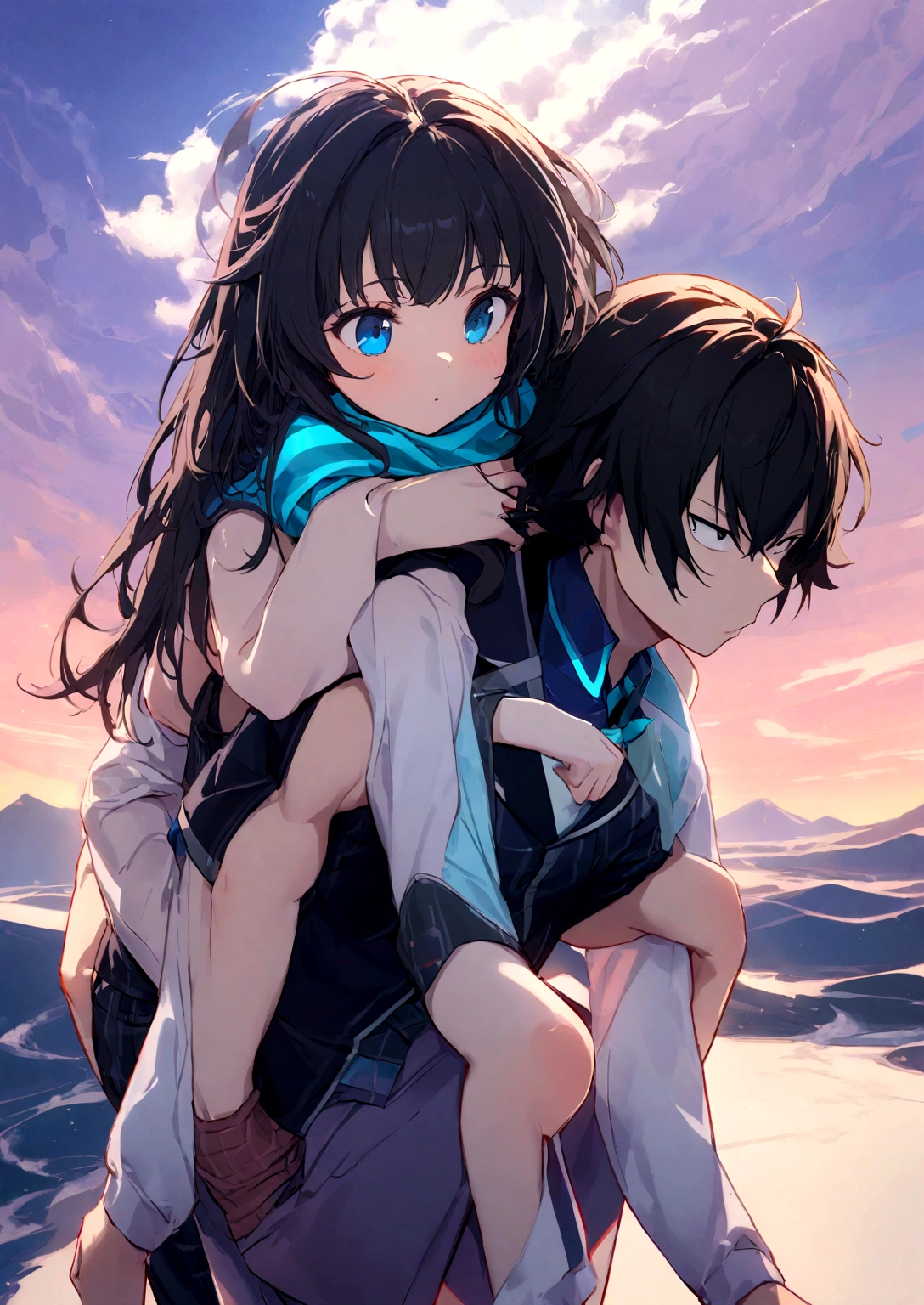 Yukino Yukinoshita Backless Hachiman,  Blue eyes black long hair piggyback,   