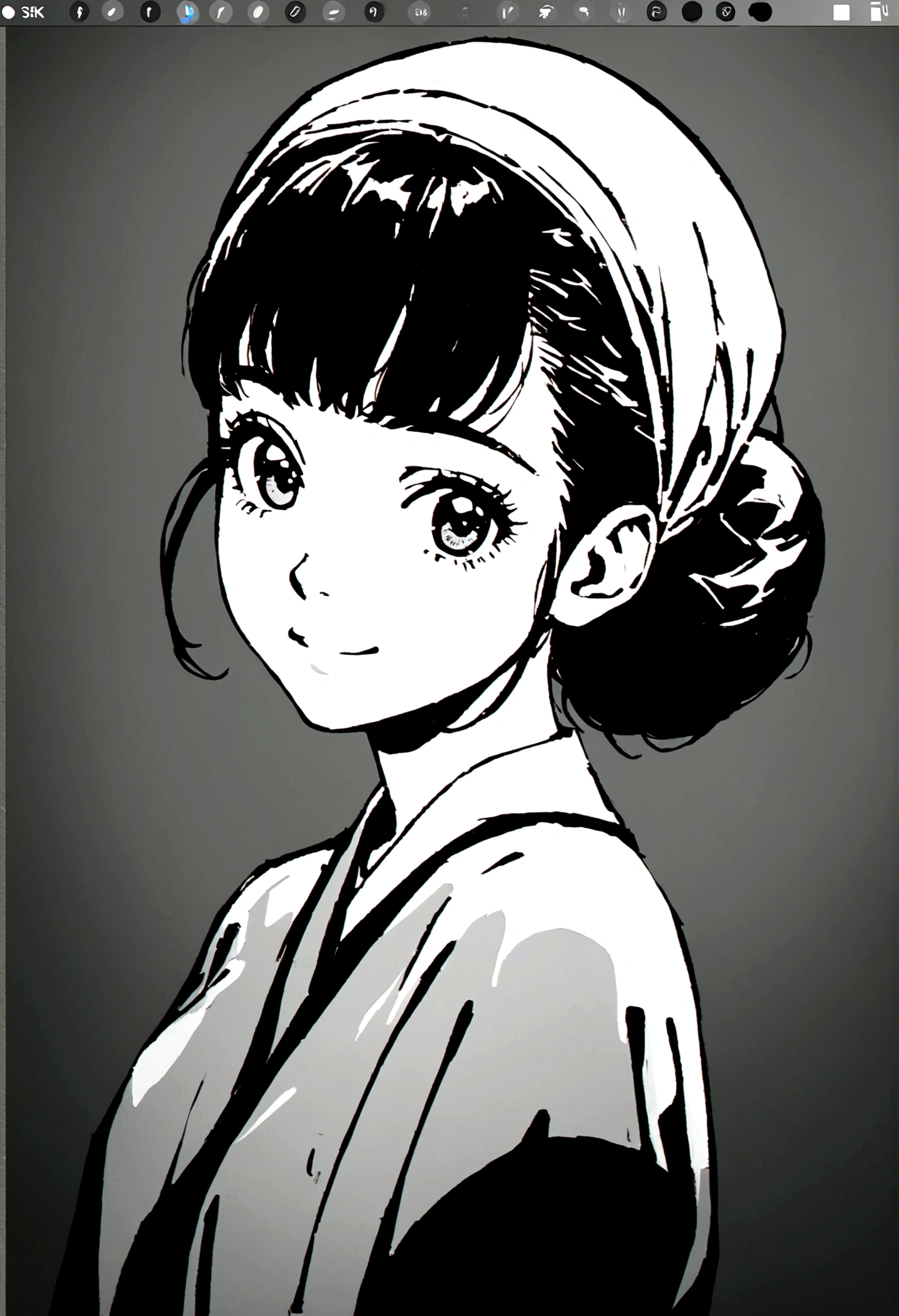 Focal length portrait photography of a young woman with Audrey Hepburn-like features: short dark hair, large expressive eyes and an elegant smile. The style of the image should be reminiscent of a 1950s black and white photograph, Adobe Skin Smoothing, 8k