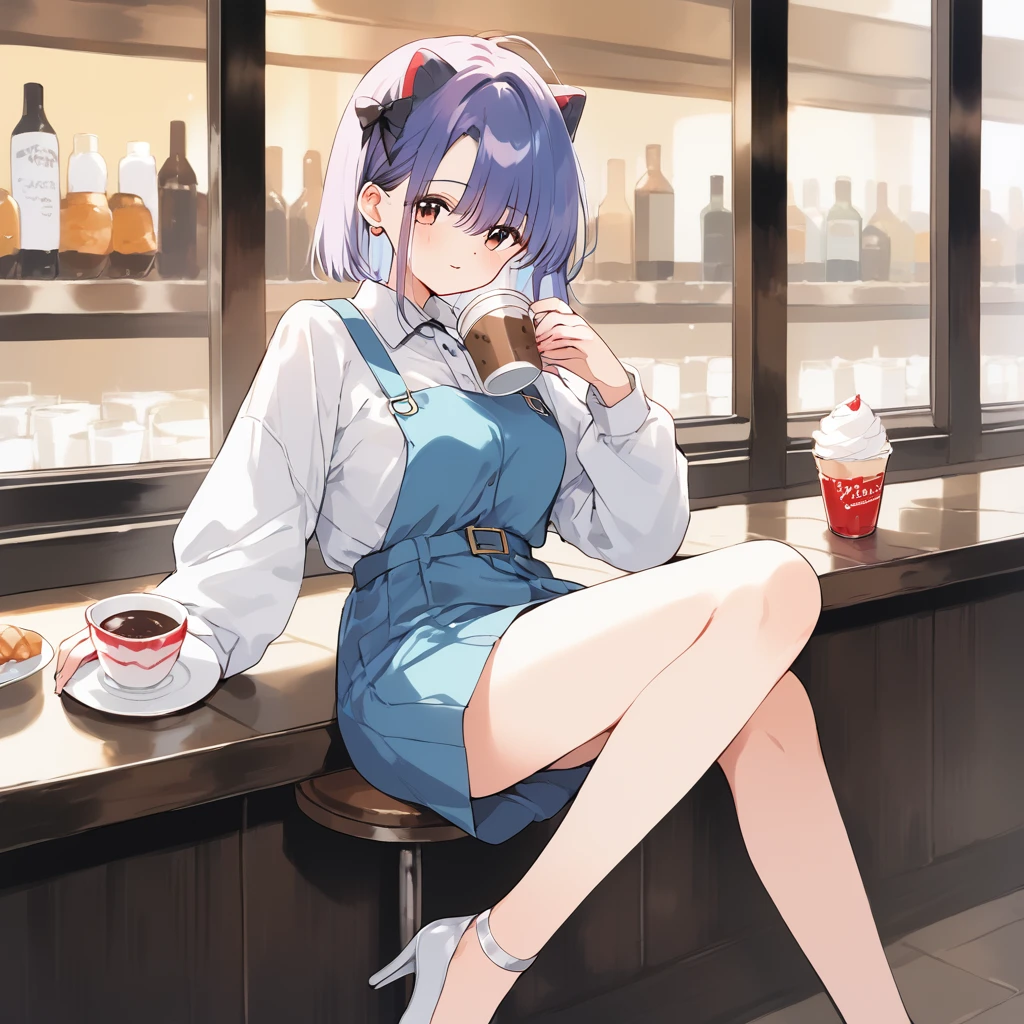 One girl,Drink coffee, Multicolored Hair, Shoulder-length hair, Retro costumes, High heels, Sideways glance, Sitting, Hyper Pop, Cafe,cake、 Retro feel, overview, masterpiece, Highest quality,