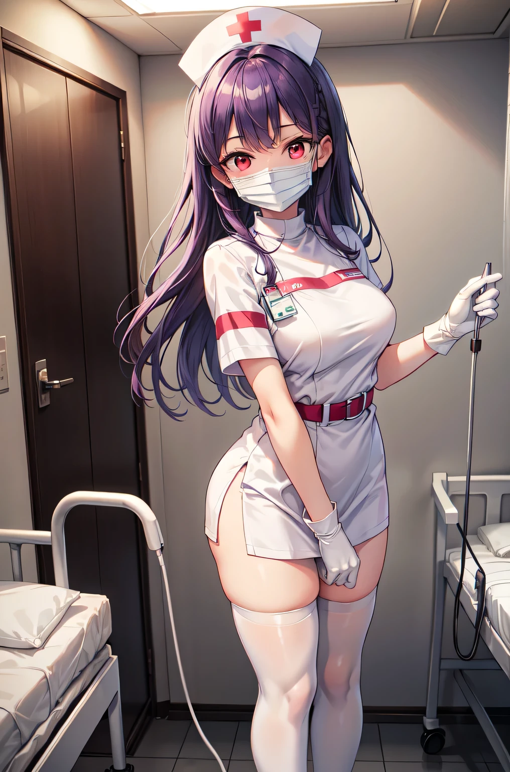 1woman, solo, nurse, white nurse cap, white nurse uniform, ((white legwear, zettai ryouiki)), white gloves, long hair, purple hair, red eyes, ((white surgical mask, covered nose)), standing, ((hospital room)), sharp outline, short sleeves, mature female, 35 years old, best quality, masterpiece