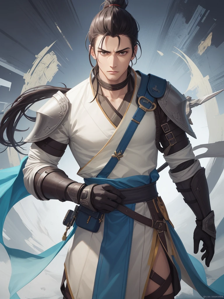 secondary element,style of animation,person(male warrior),The ratio is right,facial details,swordsman,high-ponytail Hairstyle,neck detail,There is an Adam's apple,blue suit,grap,Long blue gown,clothes details,India,long sleeves,game quality,fencing,Light and Shadow Tracing,ray tracing,detailed rays,CG Rendering,head detail,Yellow long hair,blue colored eyes,amazing,amazing,(young sense),The clothes are complicated,perfect composition,refine,high quality,More details,many fine details,The background is complicated.,Atmospheric feeling,1 person