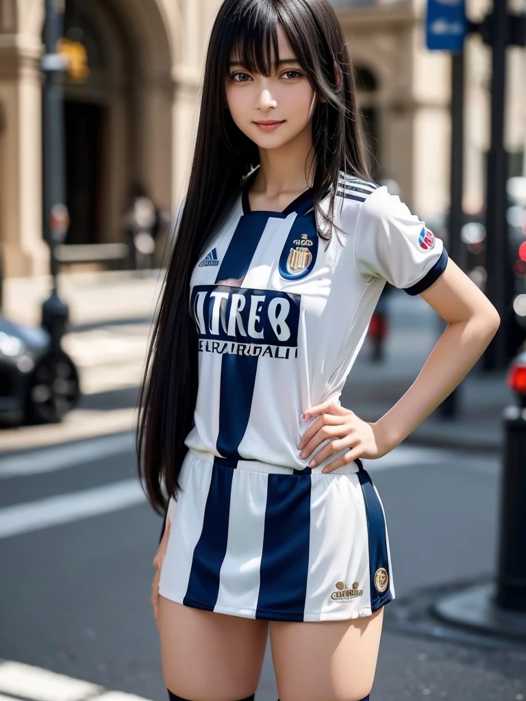 (8k, RAW Photos, Highest quality, masterpiece:1.2), (Realistic, photo-Realistic:1.4), (Highly detailed 8K wallpapers), ((Full Body Shot)), (1 girl), Sharp focus, Depth of written boundary, Cinematic lighting, Soft Light, 緻密な美しさのeye, eye_Chan, Very beautiful 17 year old girl, innocent big eyes, Realistic, photo Realistic, Highly detailed cute girl, (Thin thighs), (Model Body Type), 18-year-old, (((Inter Milan Soccer Jersey))), ((Micro Mini Tight Skirt)), (((Fold your arms in front of your chest and act arrogantly))), ((A happy smile)), Parted lips, Watching the audience, (On the streets of Italy) , (Black Hair),(Long Bob Hair), (Asymmetrical bangs)