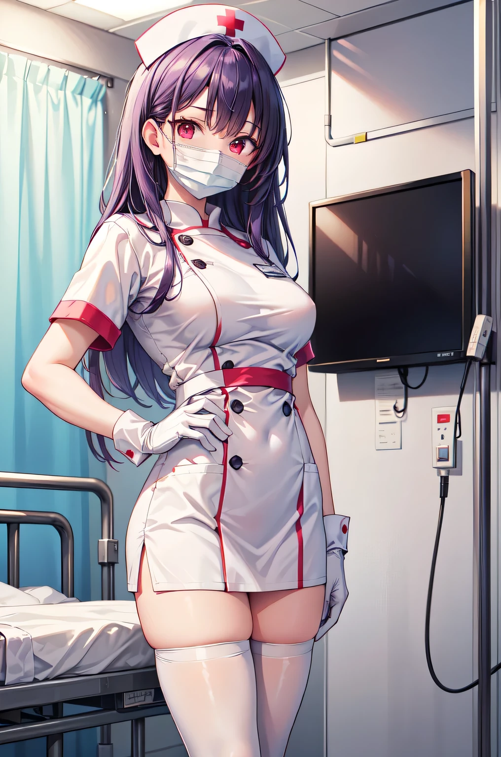 1woman, solo, nurse, white nurse cap, white nurse uniform, ((white legwear, zettai ryouiki)), white gloves, long hair, purple hair, red eyes, ((white surgical mask, covered nose)), standing, ((hospital room)), sharp outline, short sleeves, mature female, 35 years old, best quality, masterpiece