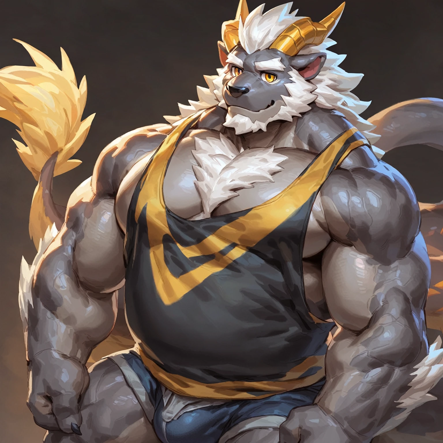 (artist: jacketbear,lindong, null-ghost, dangpa, gamma_g, kulplant),male, sfw, eastern dragon, , bara, big chest, simple bg, one fluffy tail, old man, fluffy mane, , grey body, white hair, solo, scales, detailed scales, tank top, jeans shorts, no bulge, dragon horns, yellow iris, big eyes, white beard, fluffy hair, detailed face:2.0, one tail, masterpiece:2.0, perfect eyes:2.0, good anatomy:2.0, full body:2.0, profile shot, forward pov