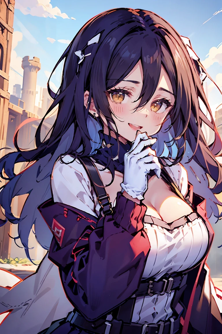 (masterpiece:1.2), (high quality:1.2), (hui xiyi:0.75), rekkyo sensen, rekkyou sensen, girls with((black hair, (tits cleavage:1.15), (waving is hands:1.2), (breasts close up:1.15), (suspenders:1.2), (dress:0.65), (blue clothes:1.05), (belts:0.7), (frills shirt:1.2), (white knit sweater:1.2), camisole, exposed breasts, straps, (turtleneck clothes:1.1), (cross:1.05), upper body, (white gloves:1.2), (long wavy hair:1.2), (one side up:1.2), nun, long sleeves, (perfect hands:1.05), (five fingers:1.05))), background with((fantasy world, ruin, castle, beautiful sky, shining sky, sunshine))